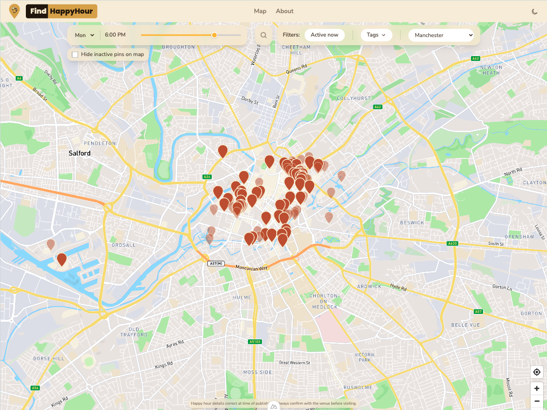 FindHappyHour's live map, with the filter bar and happy hour pins across Manchester