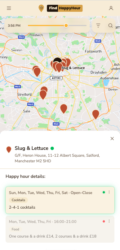 FindHappyHour open in mobile Safari, showing the map and a venue's happy hour details