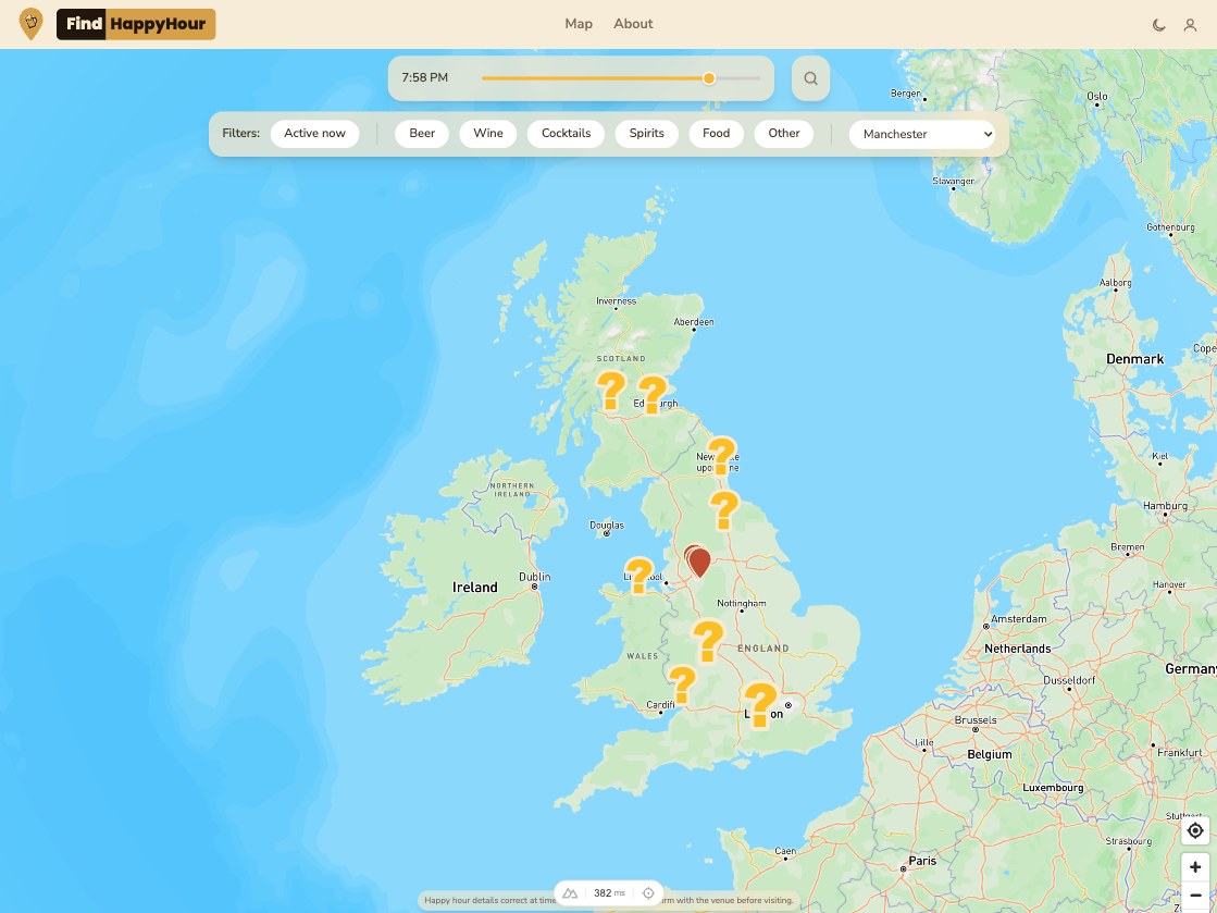 Live map of future UK happy hour coverage